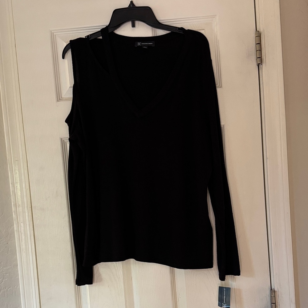 INC International Concepts Black V-Neck Fine Knit Sweater, Cold Shoulder Detail